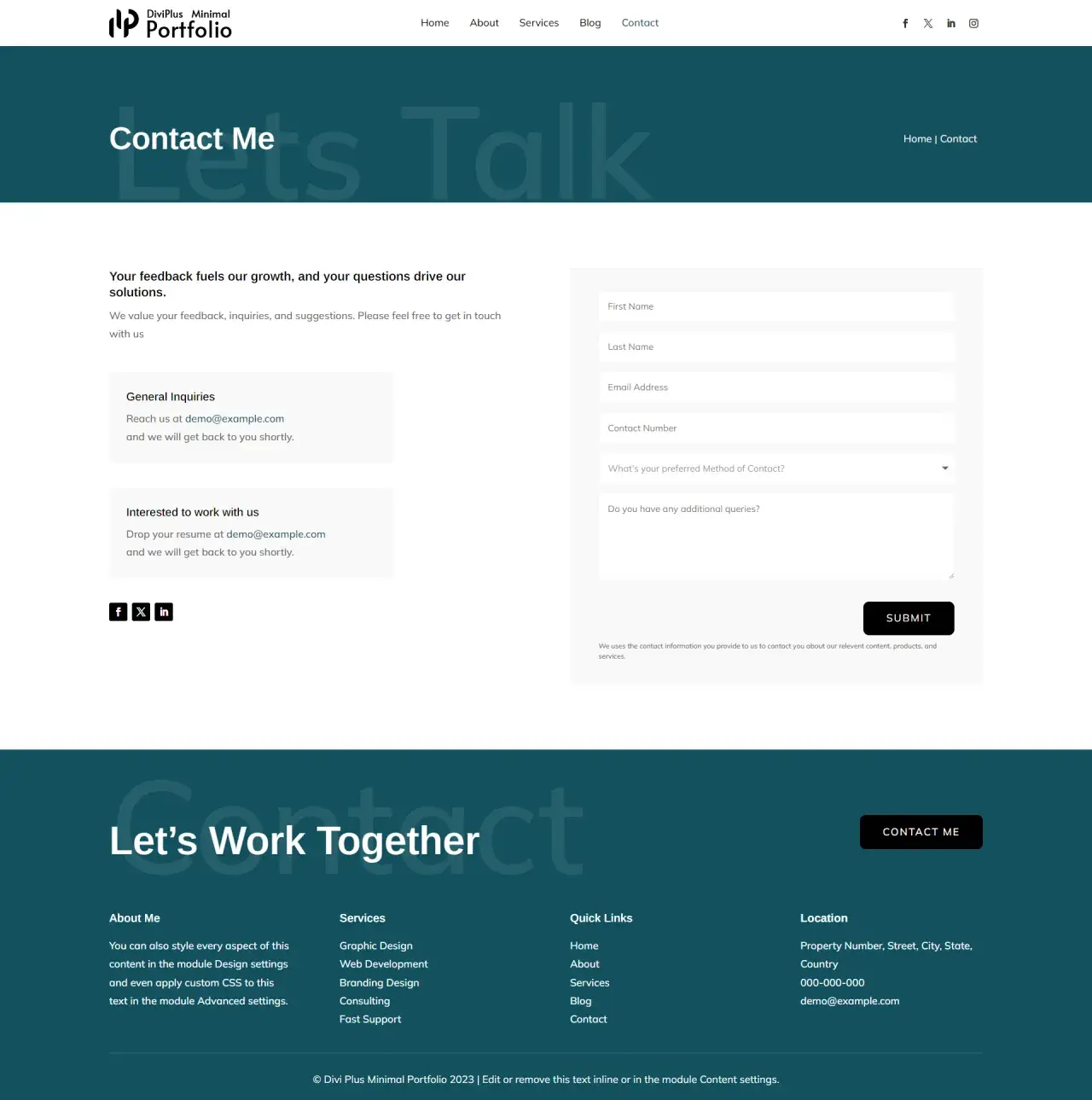 Divi Plus Minimal Portfolio Contact